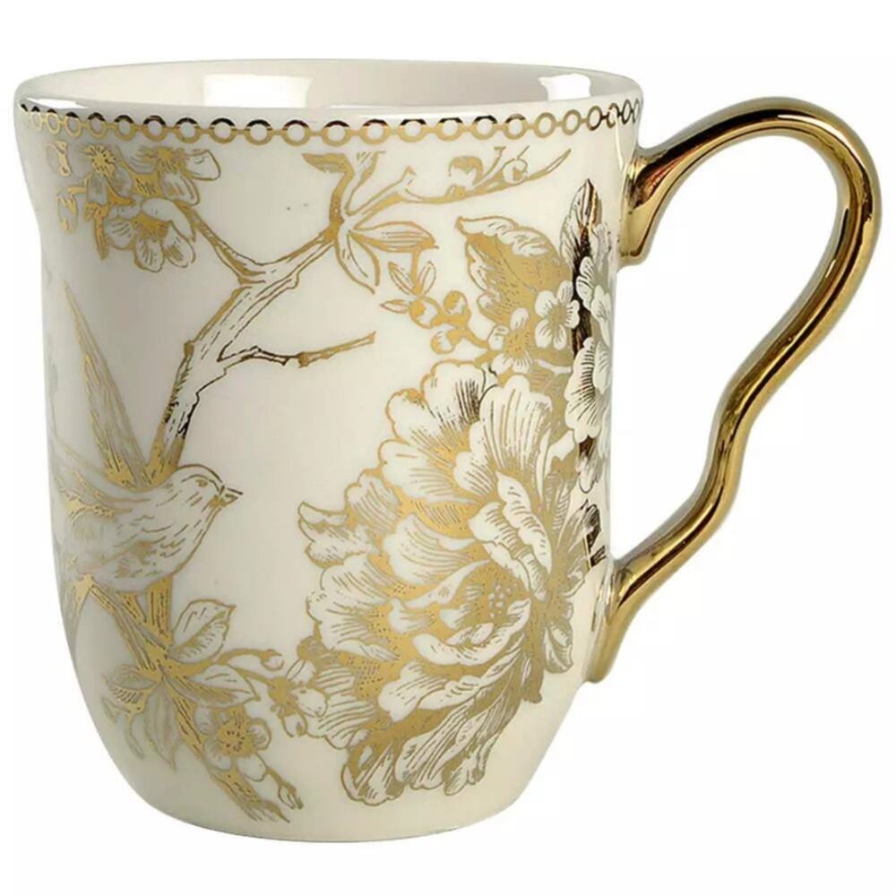 222 Fifth Cream Mug with Gold Floral and Bird Accents